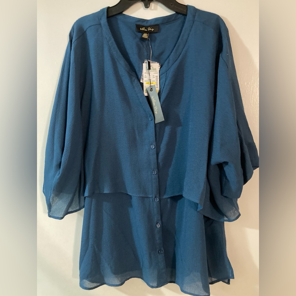 Melissa Paige Teal (Midnight) Layered Blouse, NWT, size L, unique design